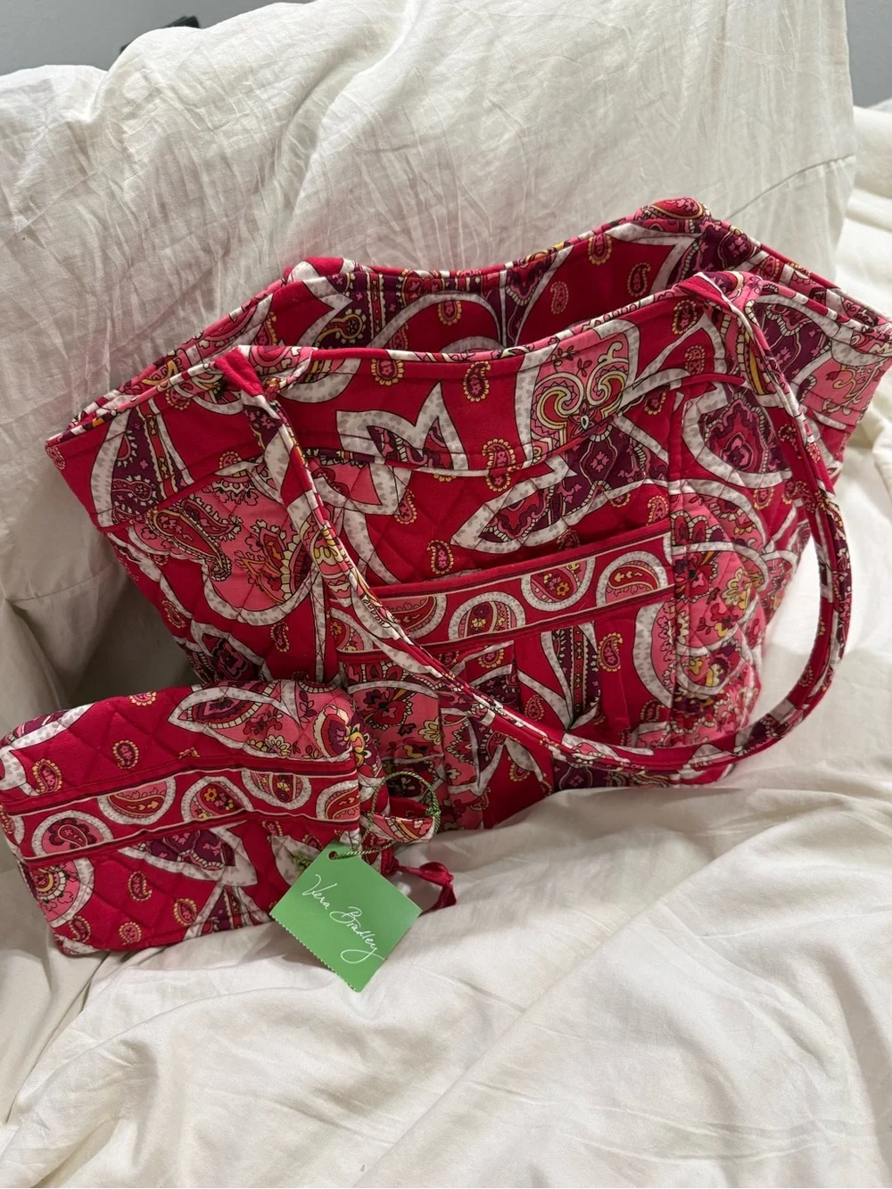 Vera Bradley Pink Paisley Quilted Tote Bag & Matching Zip Cosmetic Pouch Set